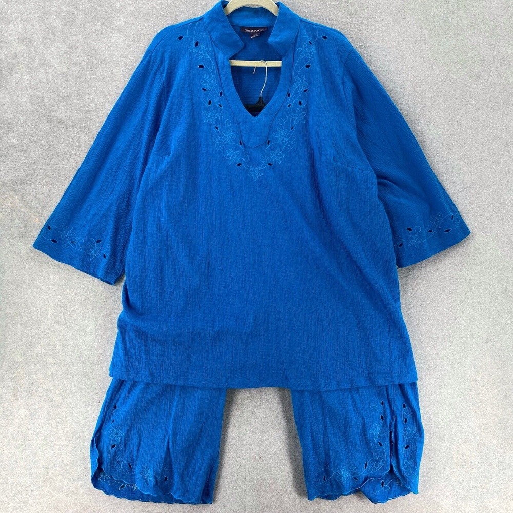 Roamans Lagenlook Shirt & Pants Outfit Set Womens 1X Gauzy Coastal 22/24 Blue